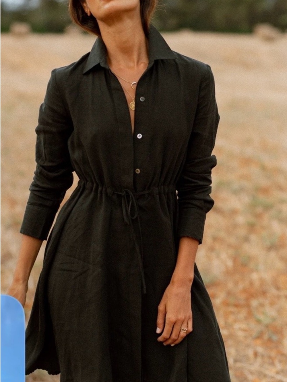Long-Sleeve Drawstring Shirt Dress in black